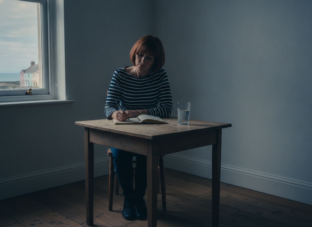 A woman with a short auburn bob writes a meal list at her kitchen table