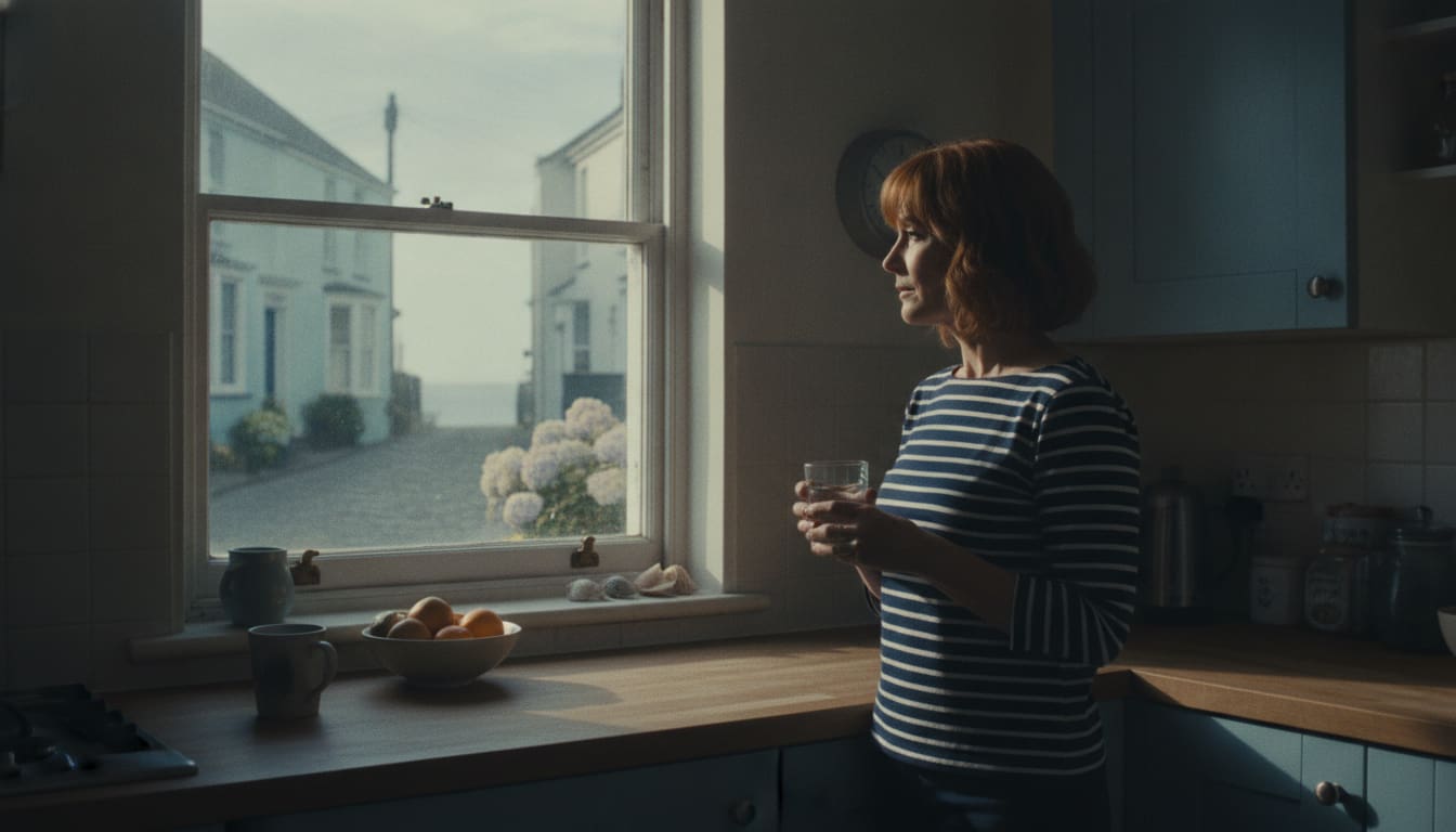 A woman with a short auburn bob holds a glass of water by her kitchen window in the early morning
