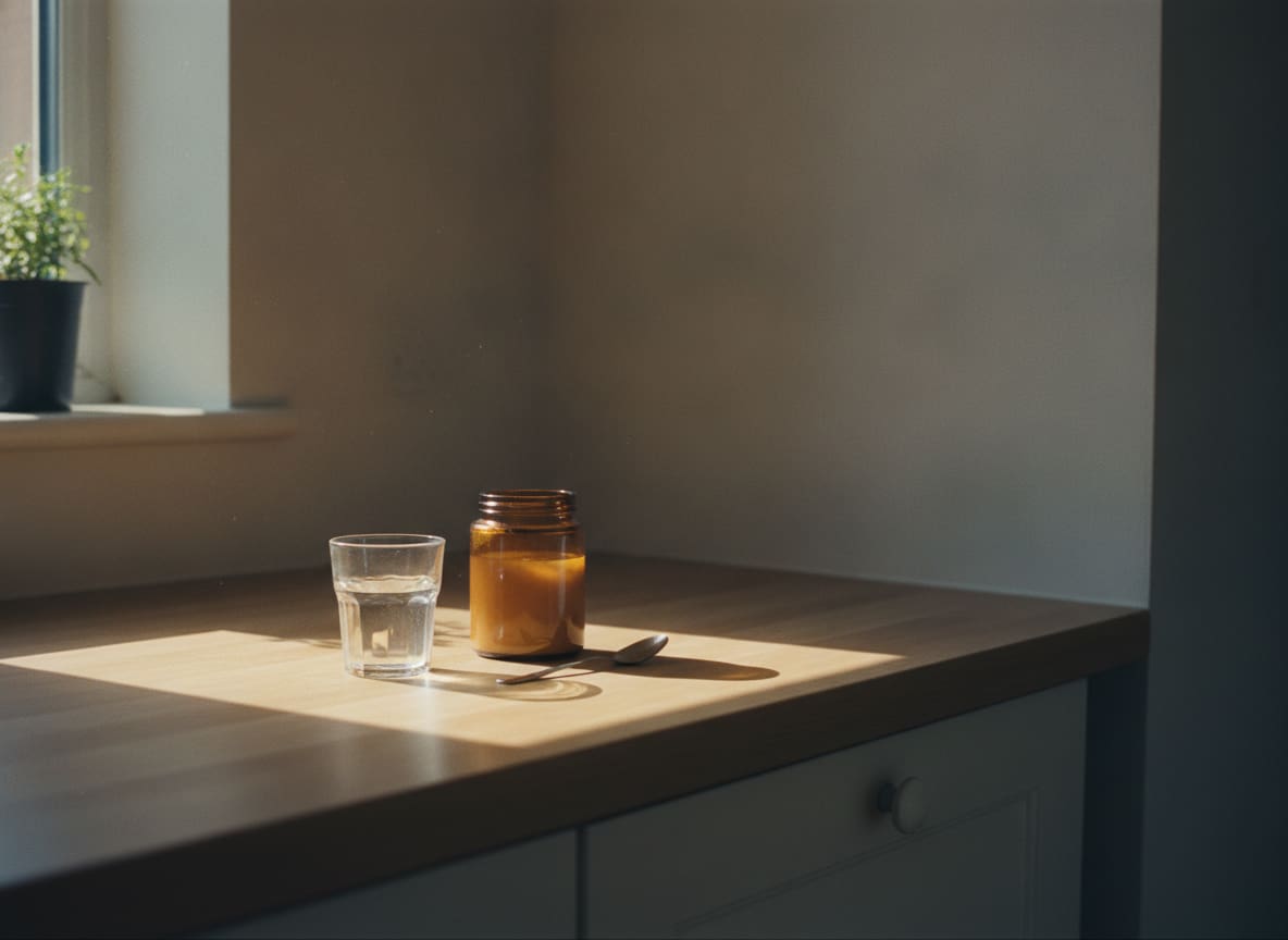 A plain amber jar next to a glass of water on a kitchen counter