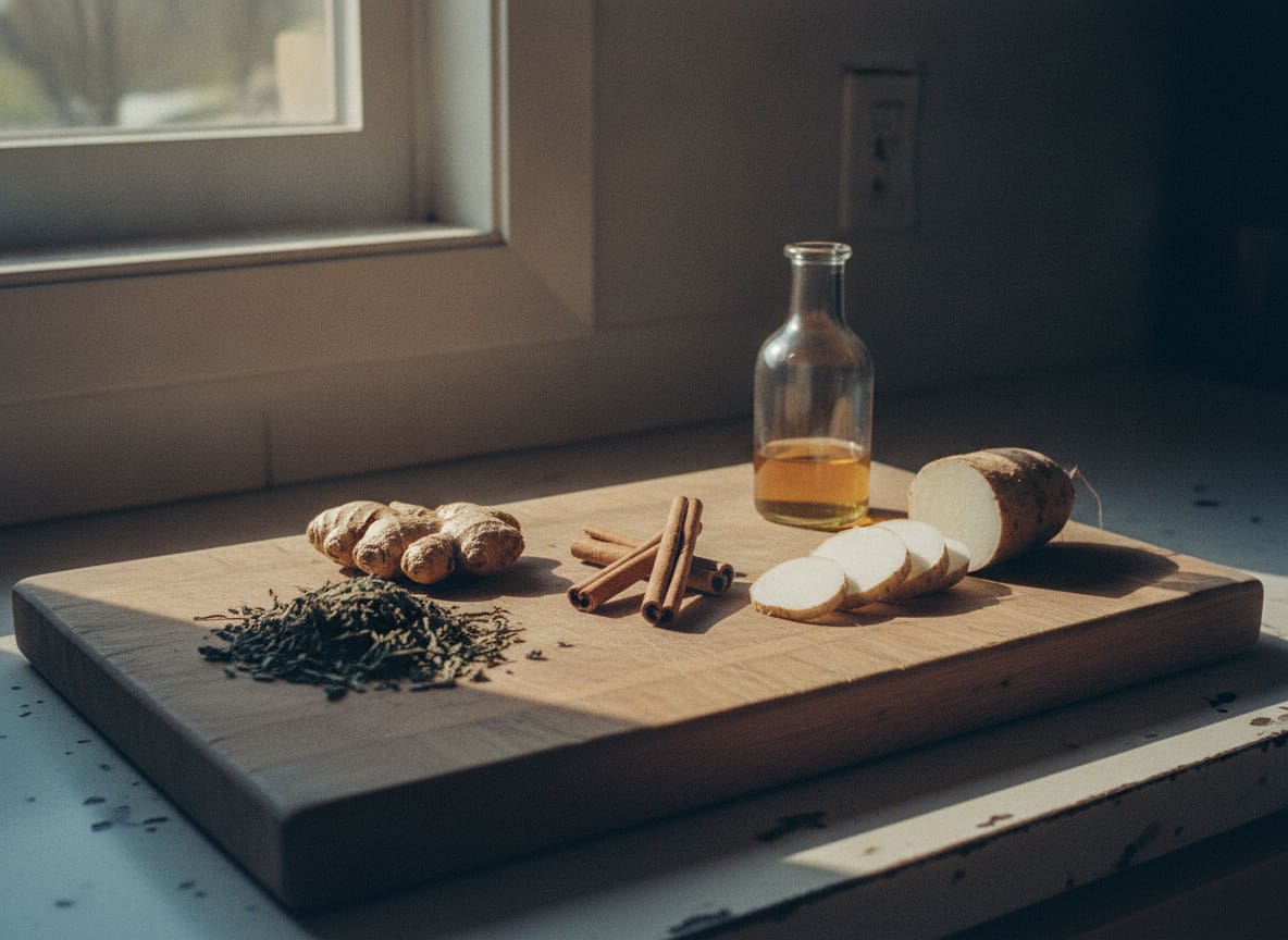 Green tea leaves, ginger root, cinnamon quills, konjac root and apple cider vinegar on a wooden board