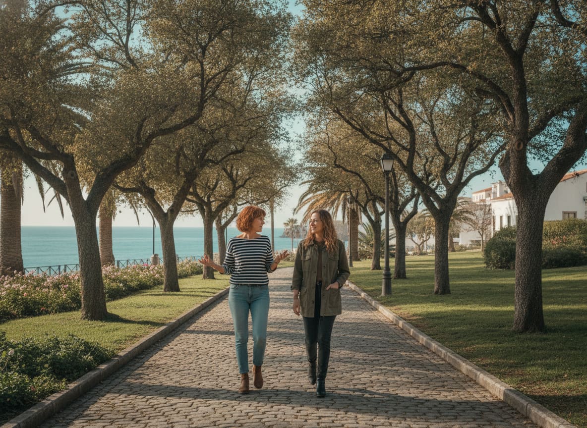 Two women walk and talk along a tree-lined park path in the morning